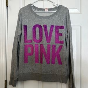 Victoria’s secret Love pink, gray pull over sweater sweatshirt, purple glitter